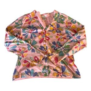 Fresh Produce Pink Floral Button Up Cardigan Sweater Retro Colorful Large